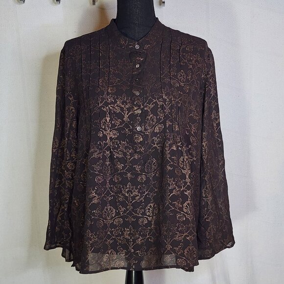 Chico's Tops - Chico's Dark Brown Gold Silk Foil Sheer Floral Print LS Blouse Chico Sz 3 US XL